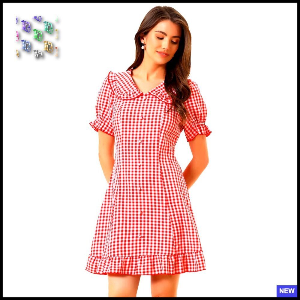 Gingham Check Mini Dress Ruffled Peter Pan Collar Puff Sleeves Cute Chic